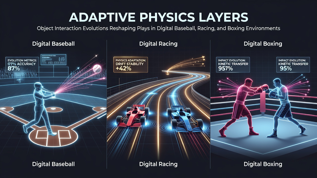 Digital rendering of adaptive physics layers showing ball bat and car track interactions in simulated sports environments