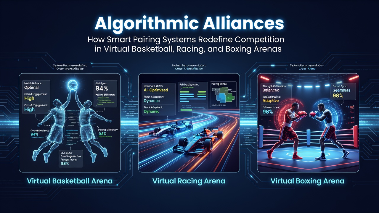 Virtual basketball players matched by algorithmic systems in a competitive online arena
