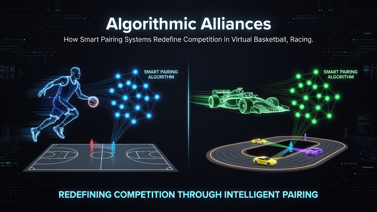 Algorithmic matchmaking interface displaying balanced pairings in virtual racing and boxing simulations