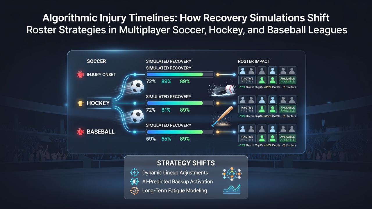 Simulation interface displaying injury recovery timelines for soccer hockey and baseball players with algorithmic projections