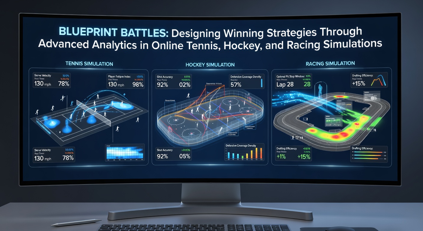 Players analyzing performance data dashboards in online tennis, hockey, and racing simulations