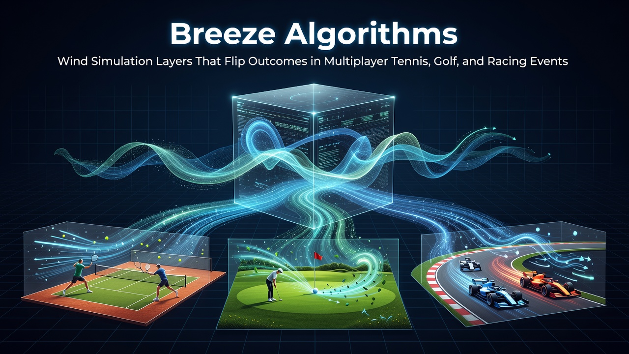 Wind simulation layers visualized in a multiplayer tennis game environment with vector arrows showing breeze patterns across the court