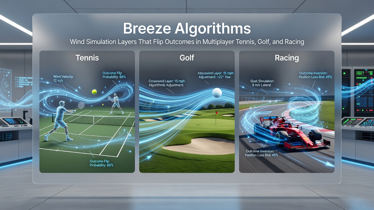 Golf simulation screenshot displaying layered wind vectors affecting ball trajectory over a multi-tiered course