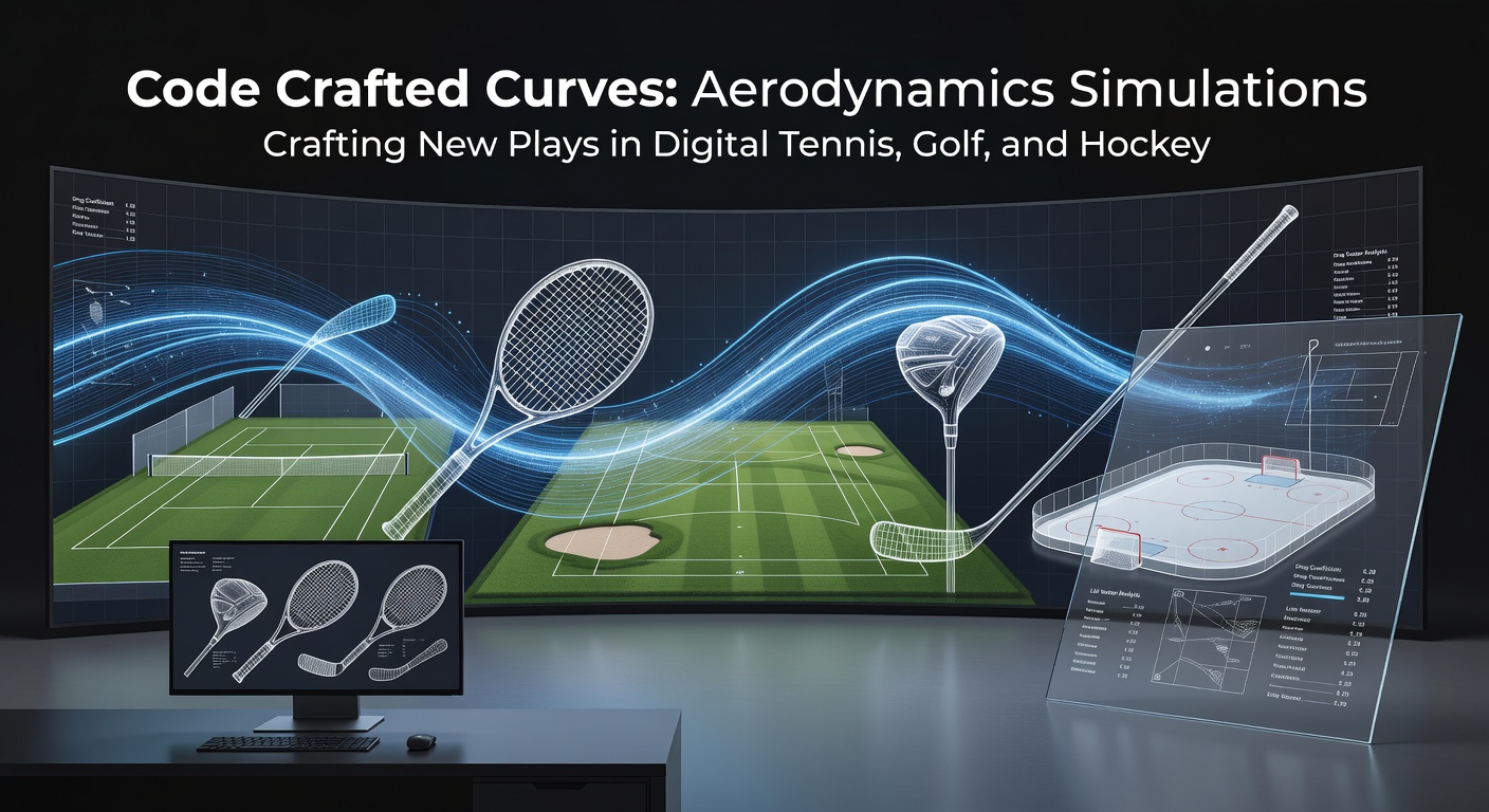 Aerodynamics simulation visualization showing curved trajectories in digital tennis, golf, and hockey environments