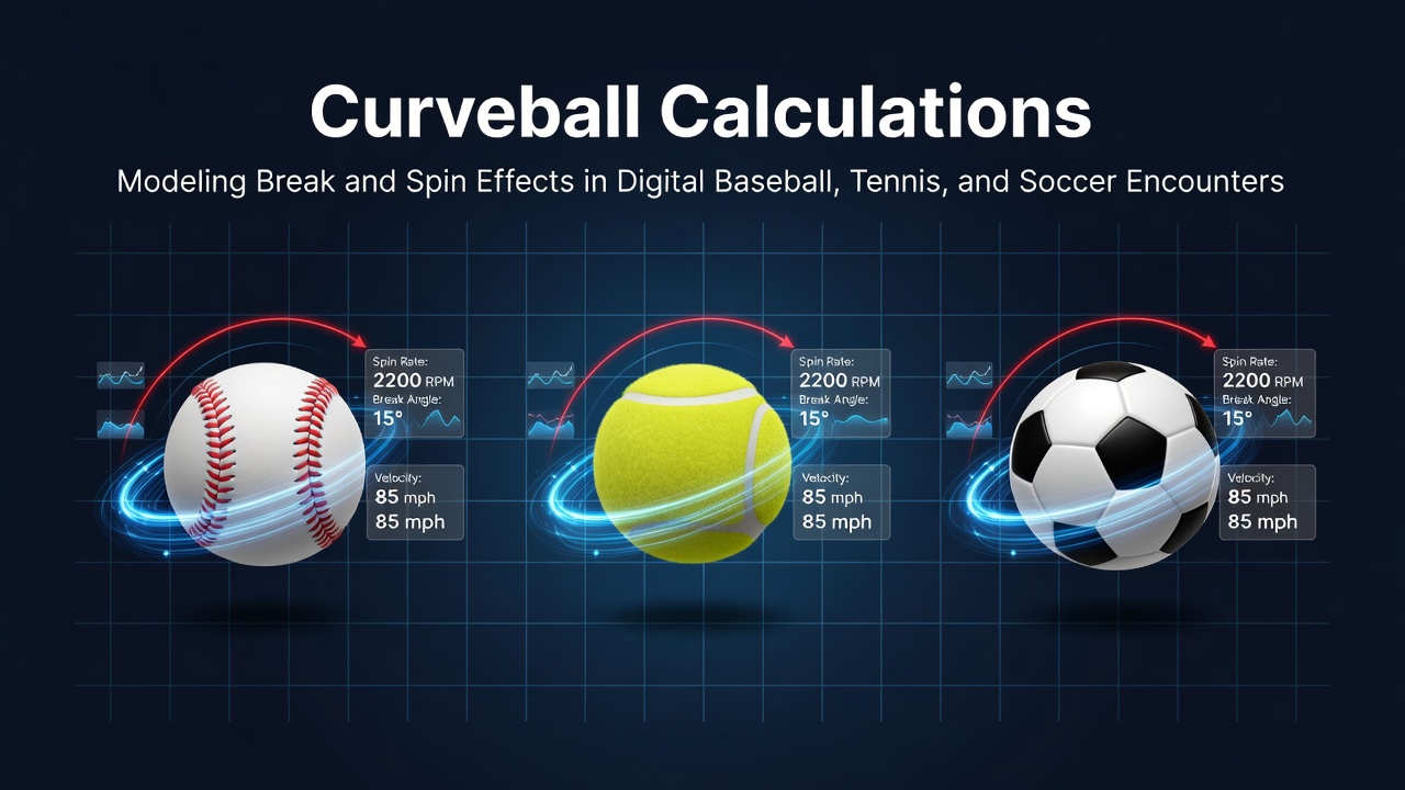 Simulation interface displaying spin vector calculations and trajectory paths for a curveball in a digital baseball environment
