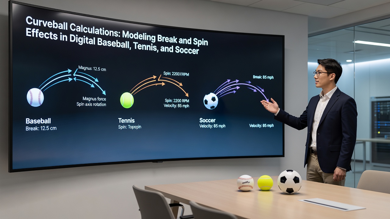Close-up of trajectory overlay showing Magnus force vectors acting on a spinning soccer ball during a digital free-kick simulation