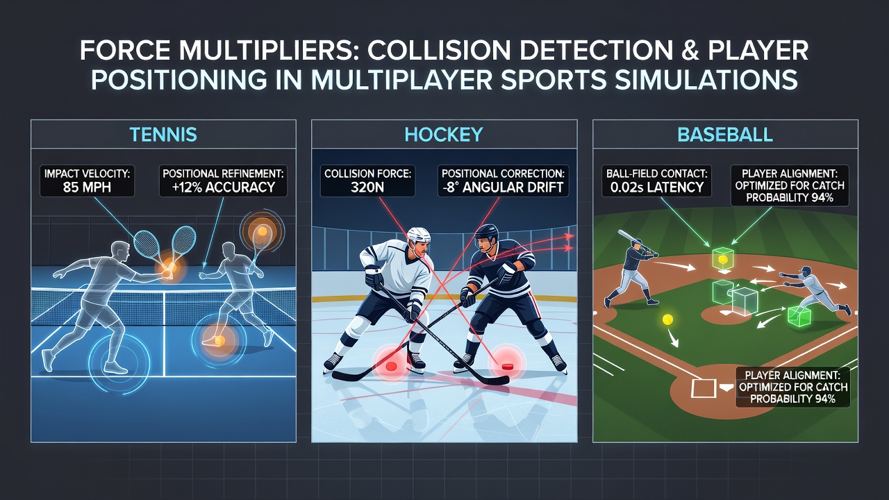 Collision detection systems calculating player interactions in a multiplayer tennis simulation