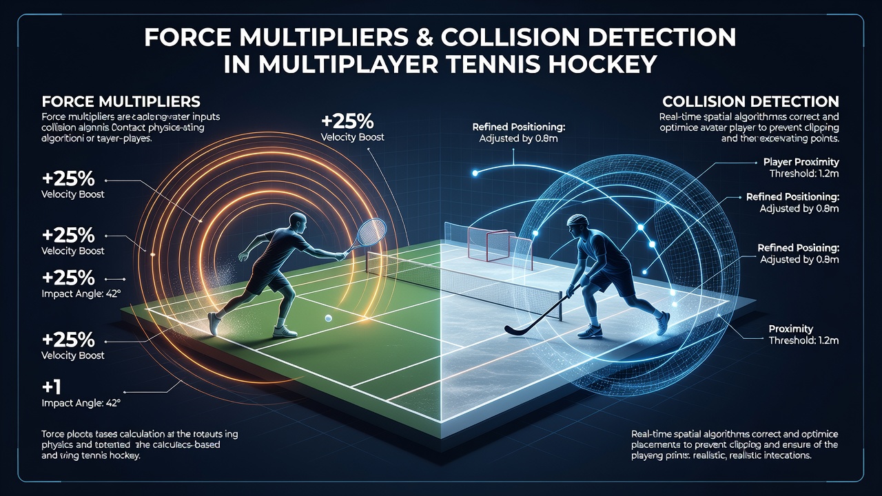 Hockey simulation showing refined collision responses during a multiplayer match