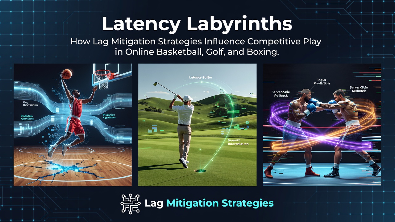 Network latency visualization in competitive online sports simulations showing basketball court, golf course, and boxing ring with data synchronization overlays
