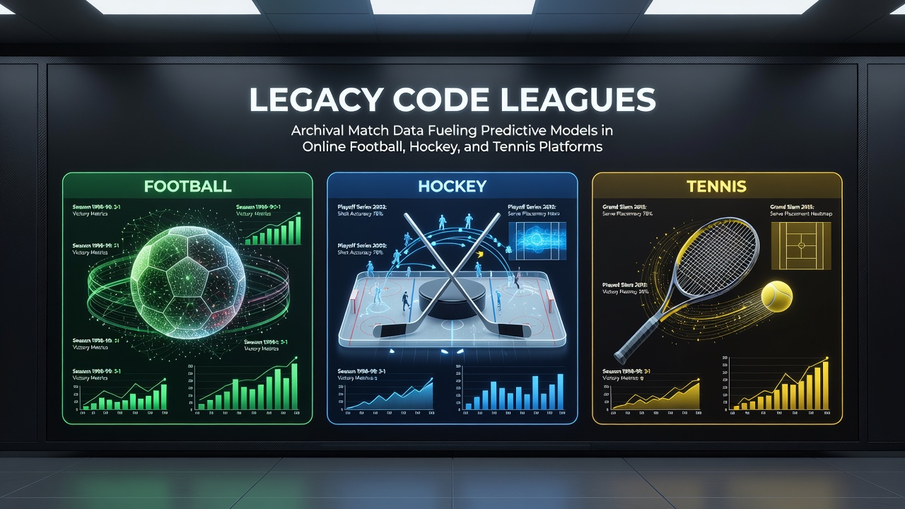 Archival match data streams feeding into predictive analytics dashboards for football, hockey, and tennis simulations