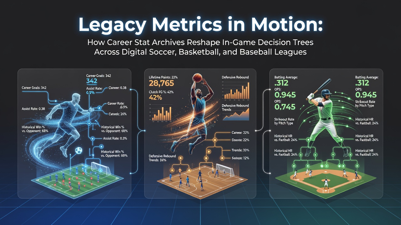 Digital soccer player reviewing historical career statistics on a virtual tablet interface during a match simulation