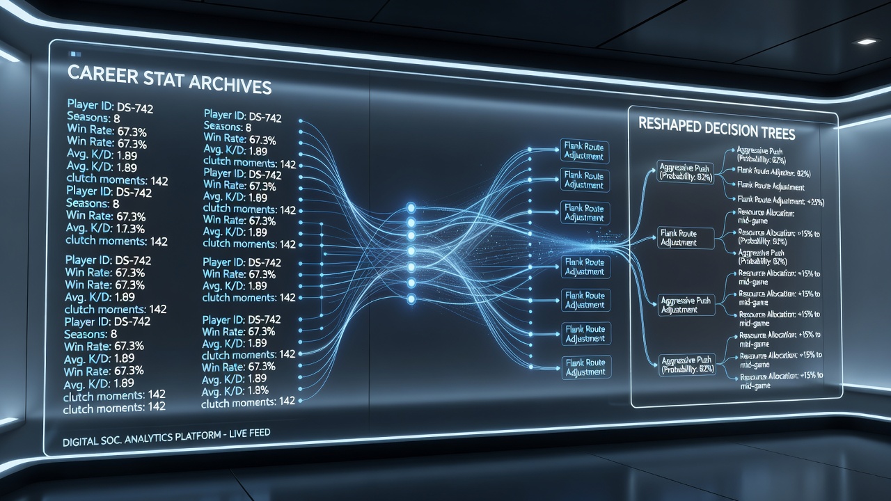 Baseball simulation interface displaying career pitching archives and real-time decision tree adjustments during a virtual game