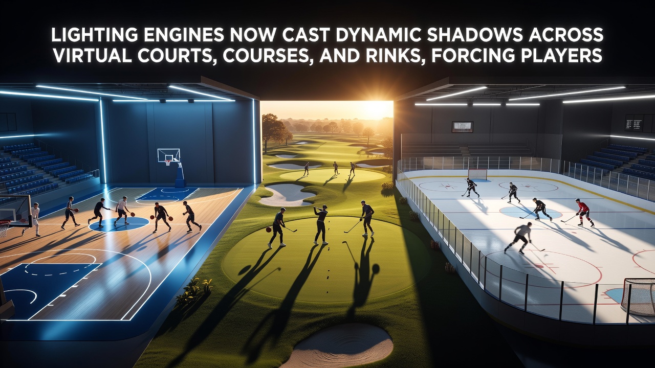 Dynamic shadows stretch across a virtual golf course green as players adjust putting lines