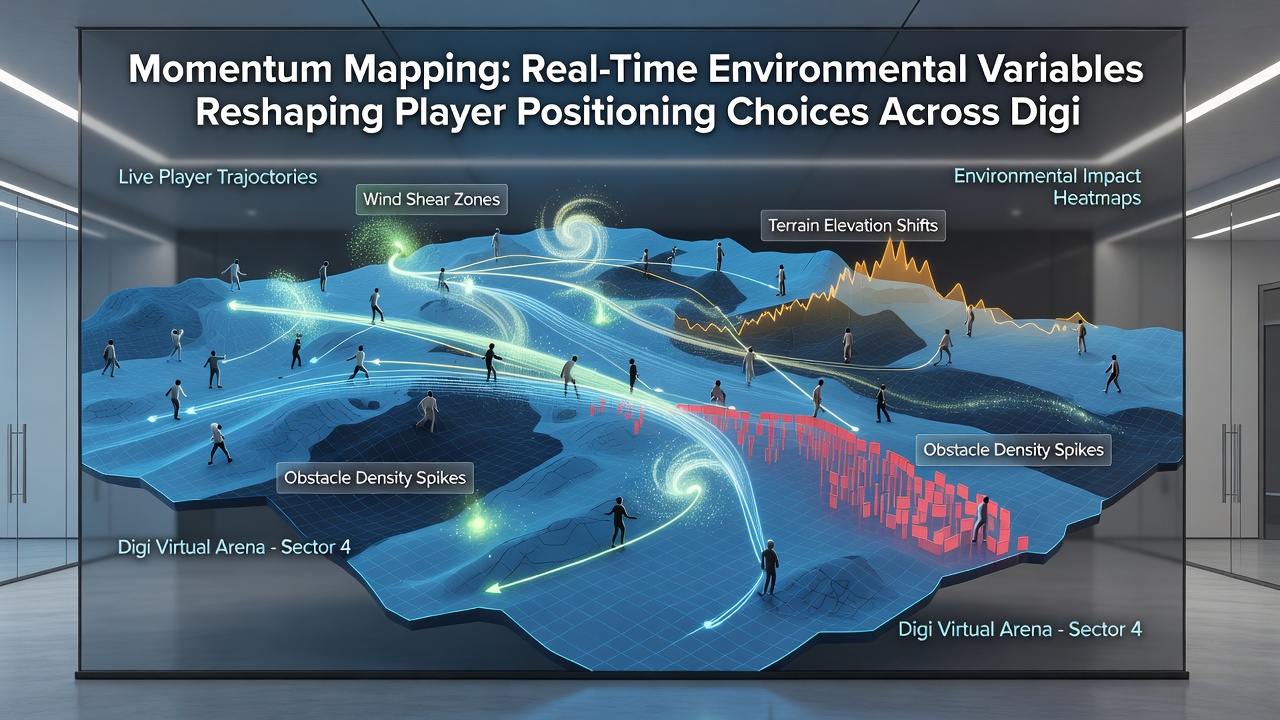 Tennis simulation interface displaying momentum mapping overlays on court surfaces during variable weather conditions