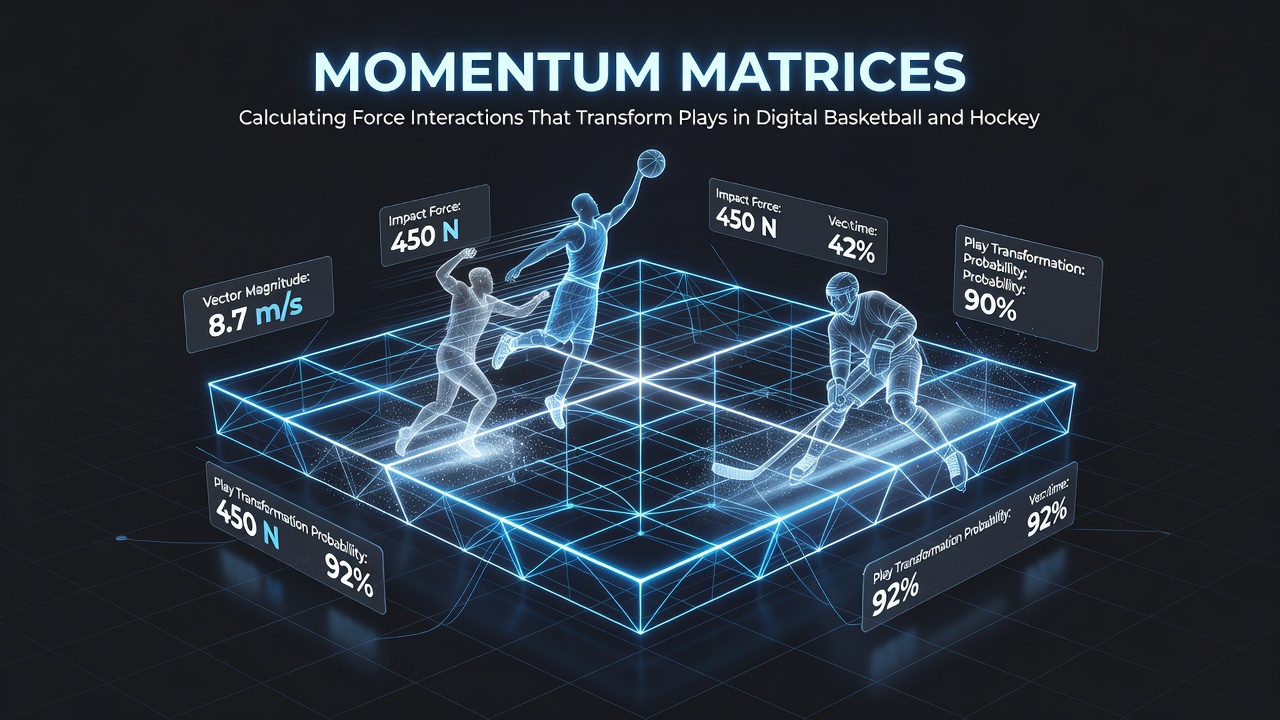 Hockey simulation interface displaying momentum matrix calculations during a collision event on the ice