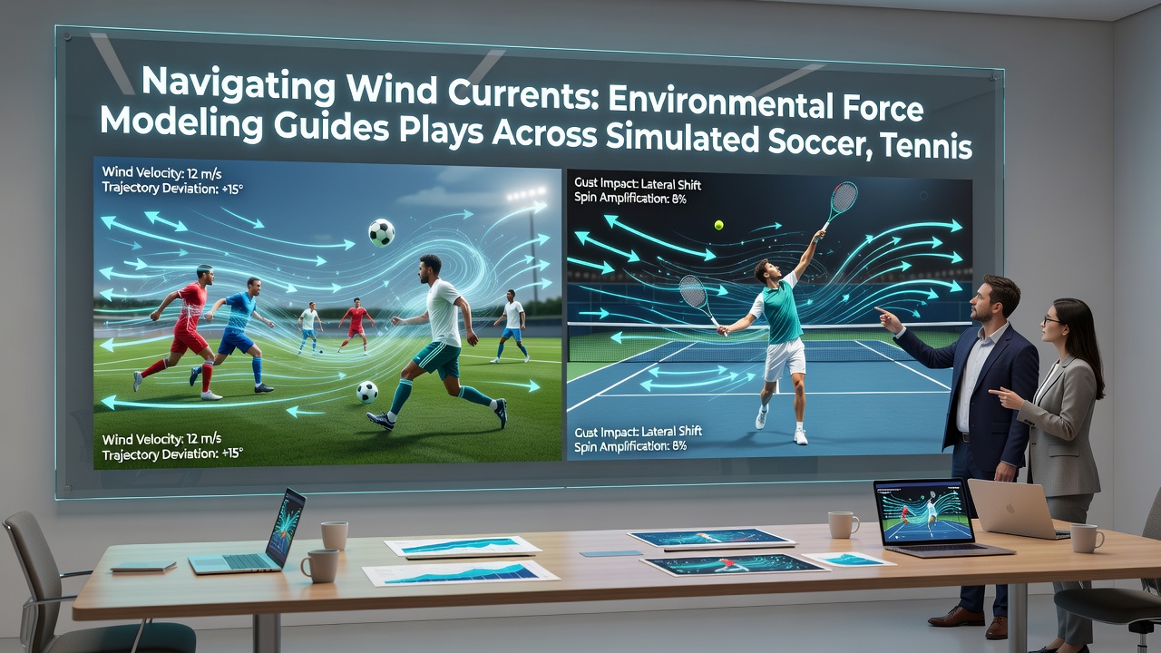 Tennis simulation showing wind-affected serve trajectory and player adjustments
