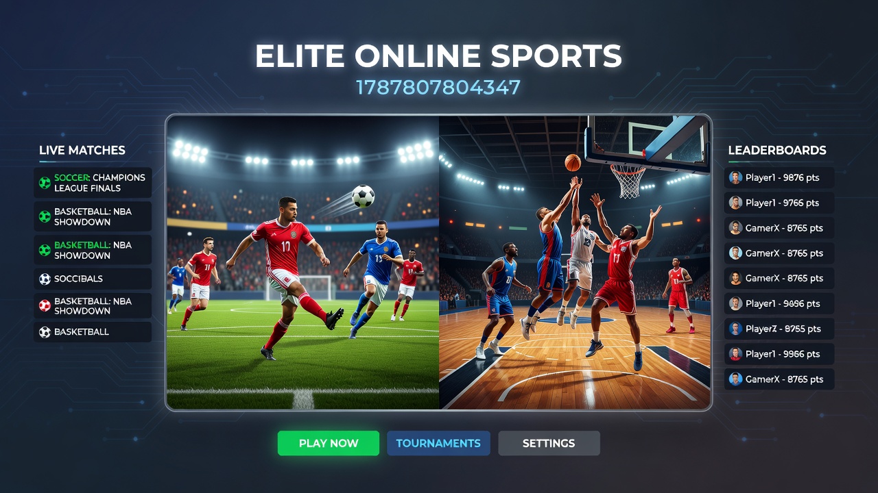 Diverse group of gamers competing together in an online sports simulation viewed from multiple device perspectives