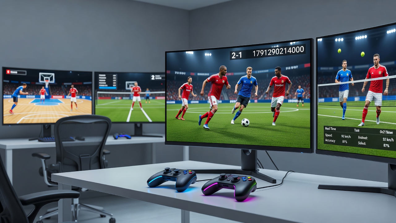 Diverse group of gamers competing together in an online sports title on varied hardware
