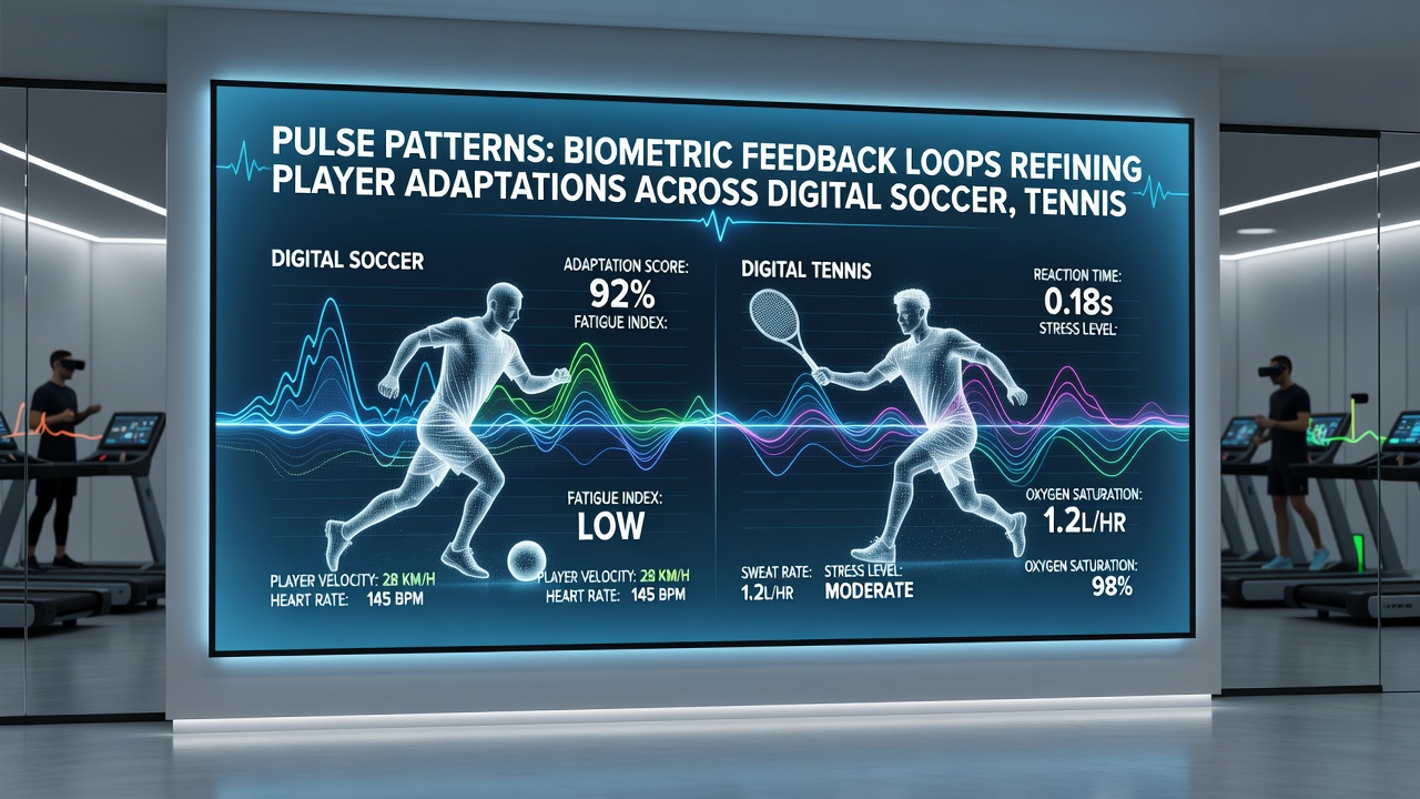 Tennis simulation interface displaying real-time biometric pulse overlays during competitive matches