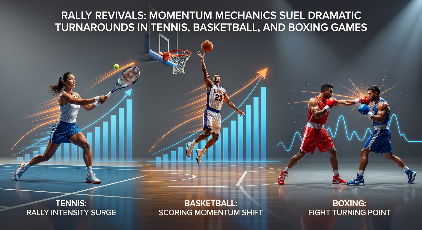 Basketball team on a furious scoring run, players high-fiving amid a roaring digital crowd as momentum visibly surges on the scoreboard