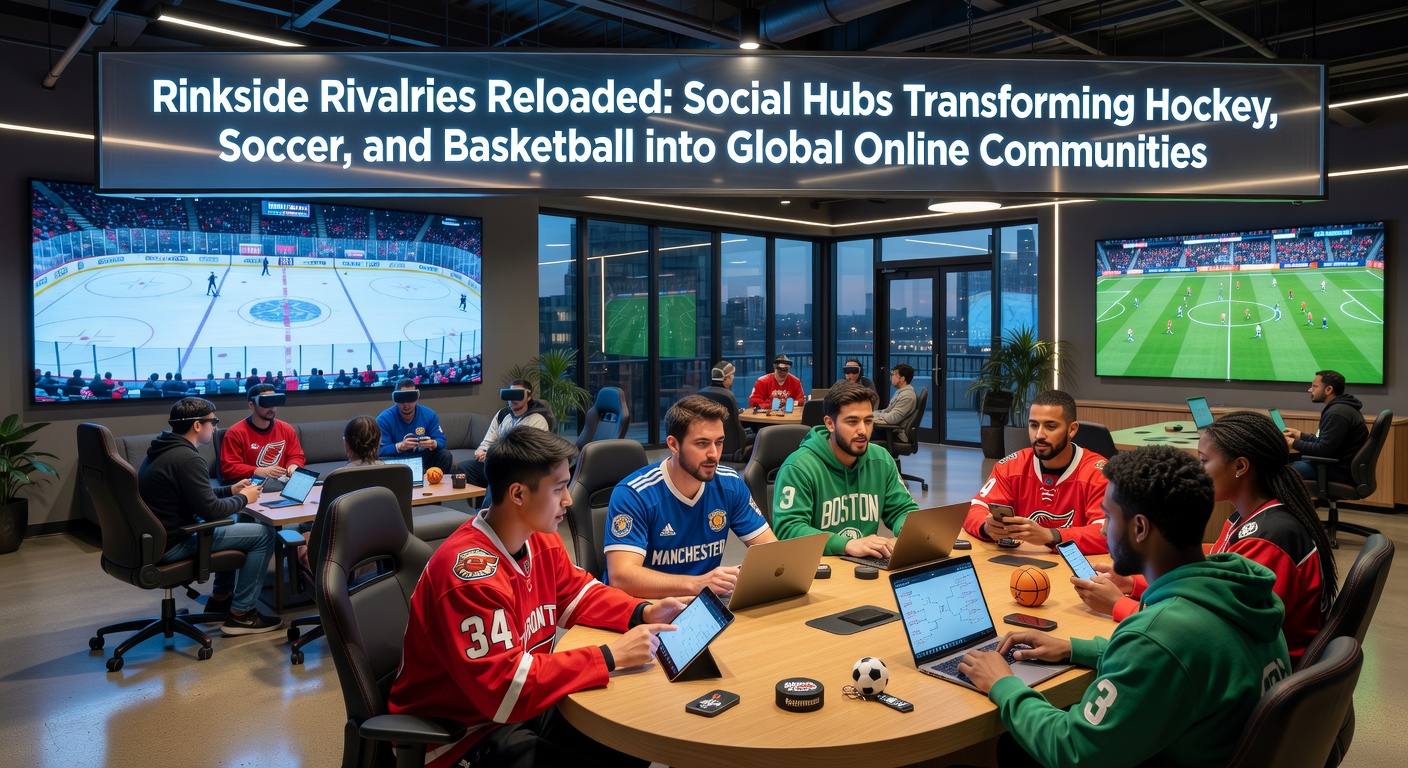 Vibrant online social hub interface showing hockey fans chatting during a virtual rinkside rivalry match, with chat bubbles, leaderboards, and global player avatars clustered around a digital ice rink