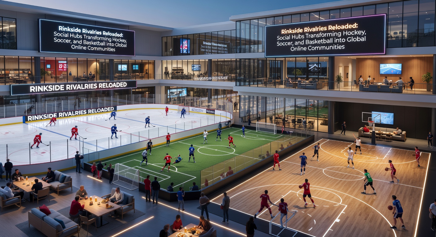 Soccer social hub screenshot featuring a packed virtual stadium lounge with basketball and soccer players mingling, global flags waving, and a live match ticker alongside community events board