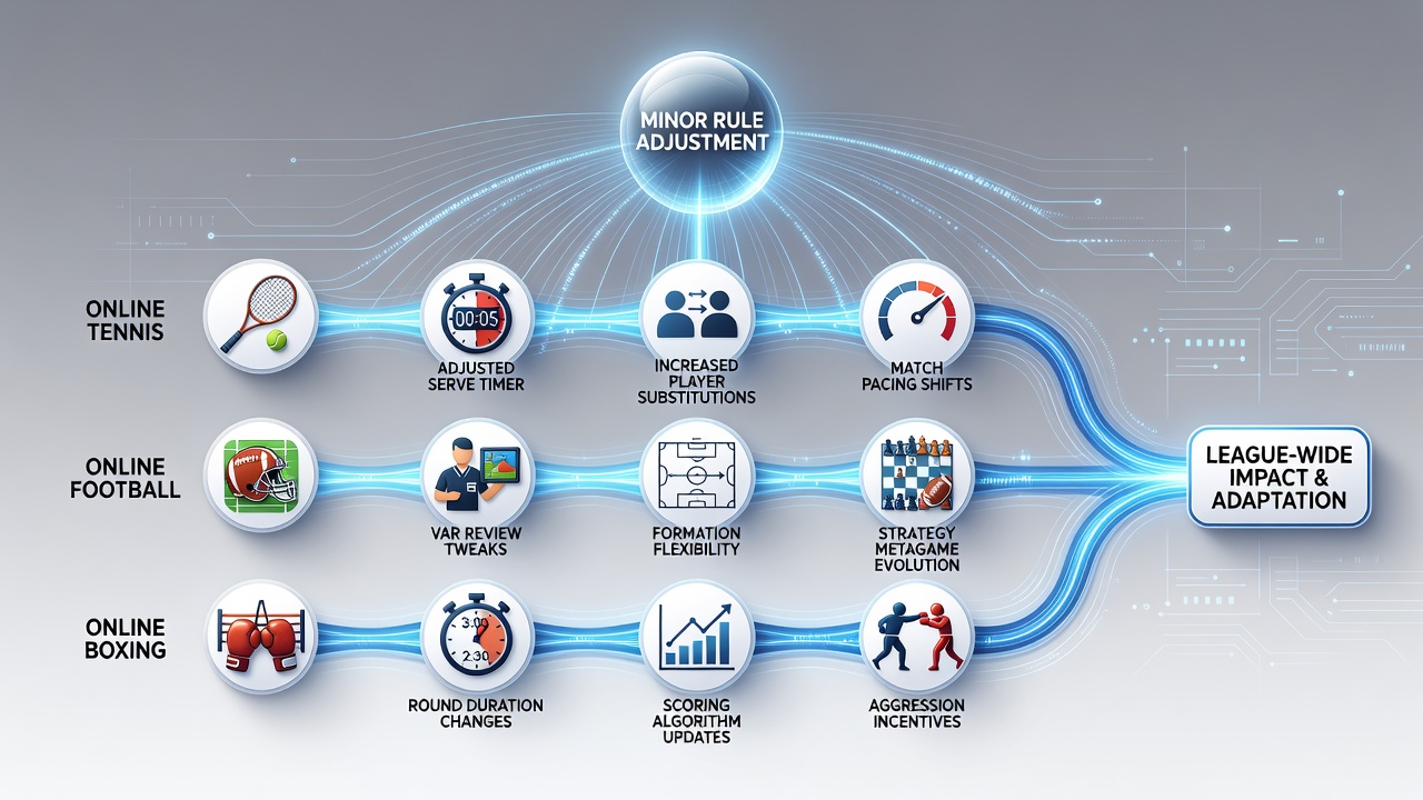 Visual representation of rule adjustments creating ripple effects across online tennis, football, and boxing league simulations