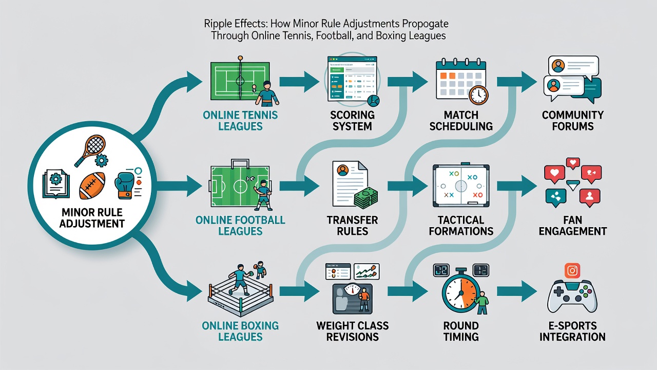 Diagram showing how small rule modifications spread through online football and boxing league ecosystems