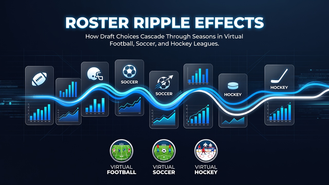 Visual representation of draft selections creating chain reactions across virtual football, soccer, and hockey league seasons