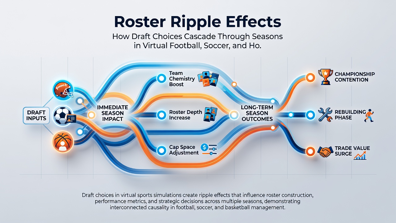 Illustration of interconnected roster decisions affecting team performance metrics in virtual soccer and hockey leagues