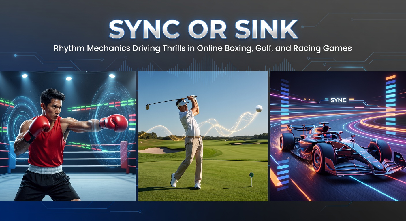 A golfer executing a perfectly timed swing in an online golf game, with trajectory lines emphasizing rhythm precision