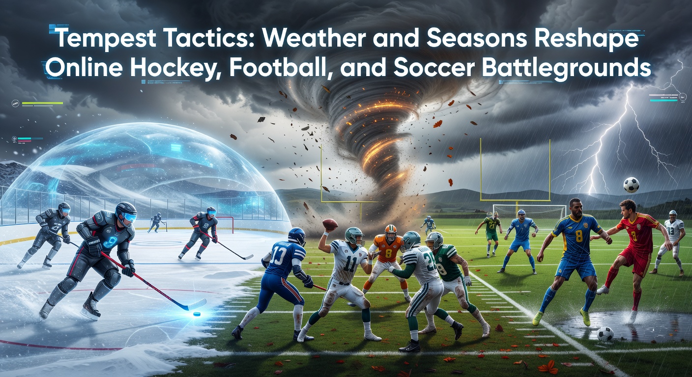 Online soccer match under heavy virtual rain, with players slipping on a slick pitch during a multiplayer showdown