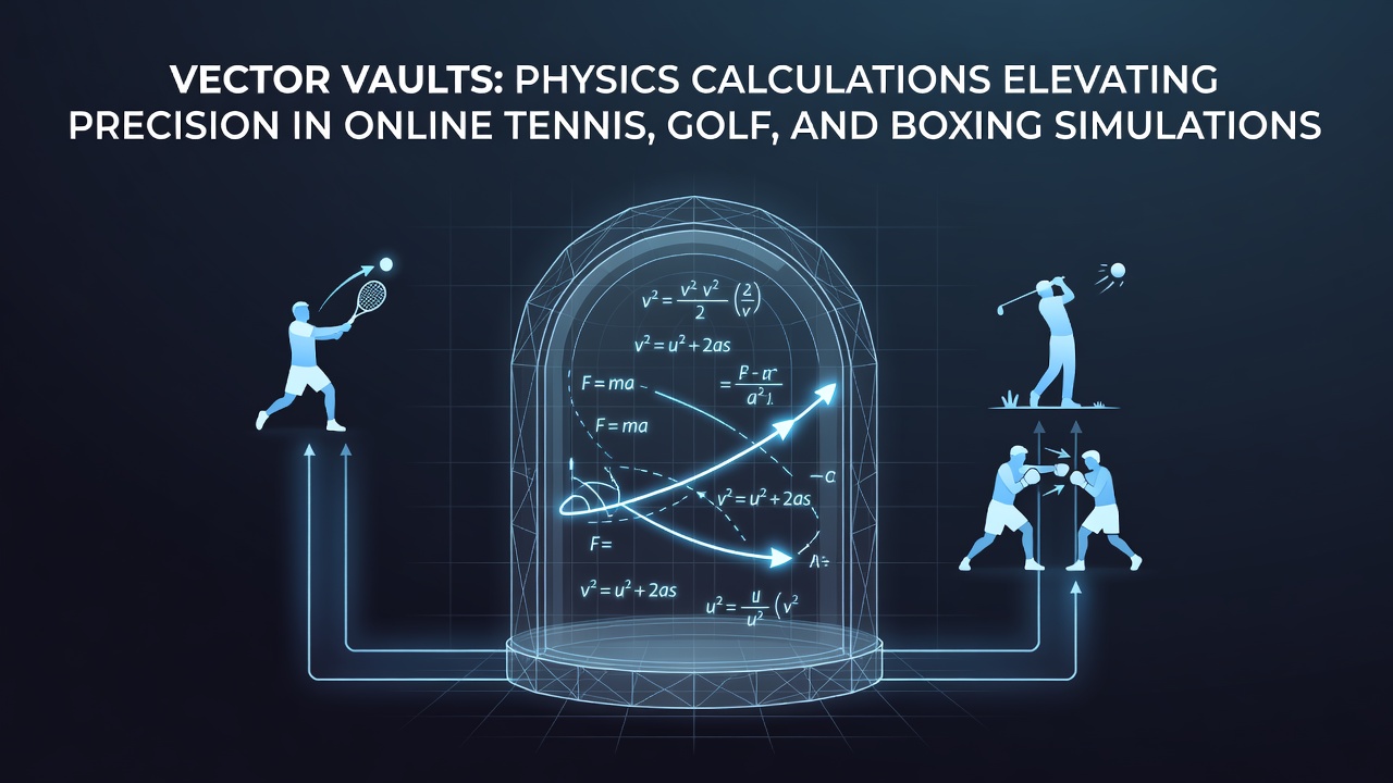 Detailed vector physics calculations displayed in a tennis simulation interface showing ball trajectory paths and spin vectors