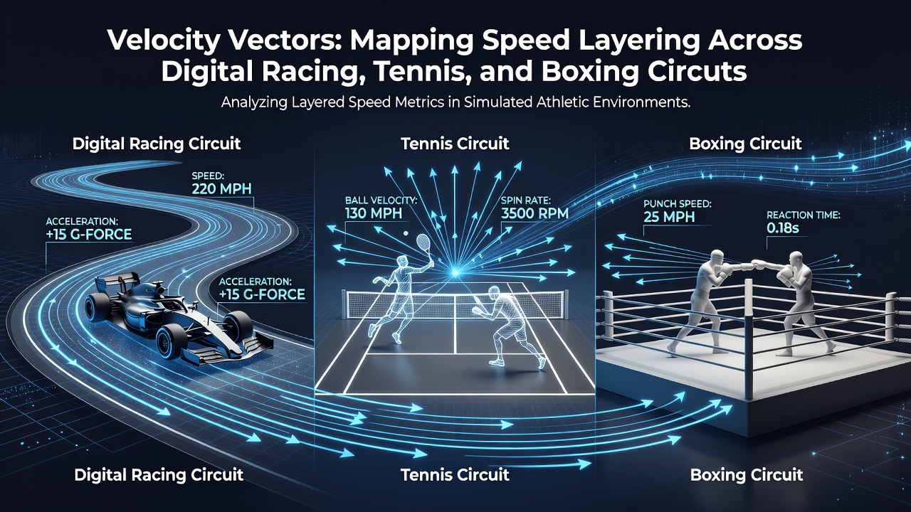 Close-up view of tennis and boxing game physics interfaces displaying layered velocity vector calculations for ball spin and punch trajectories