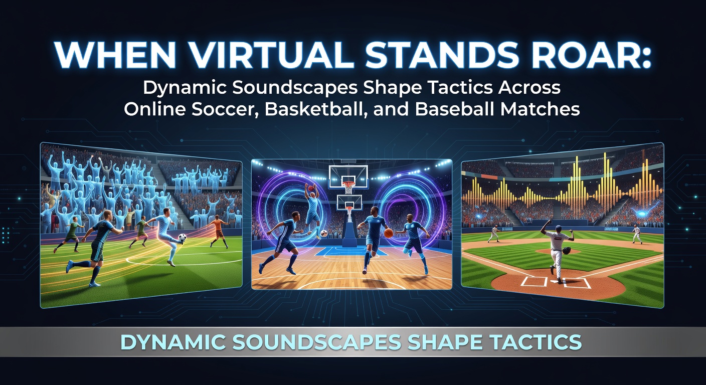 Dynamic soundscape visualization showing crowd noise levels affecting player tactics in virtual soccer stadium